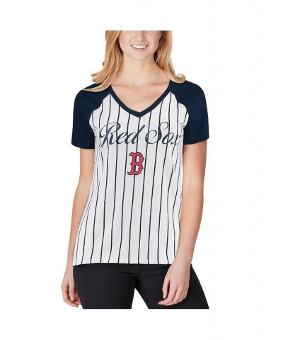 Women's White and Navy Boston Red Sox Vigor Pinstripe Raglan V-Neck T-shirt White $21.19 Tops