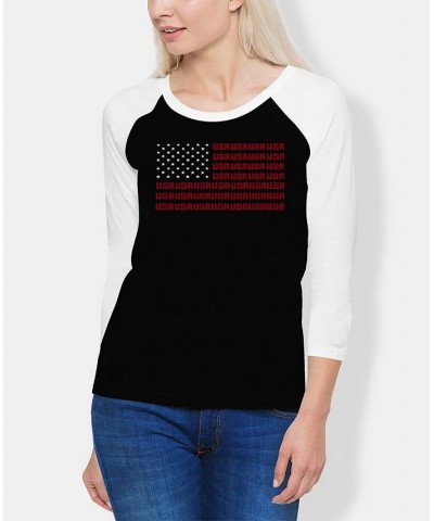 Women's Raglan Word Art USA Flag T-shirt Black, White $18.92 Tops