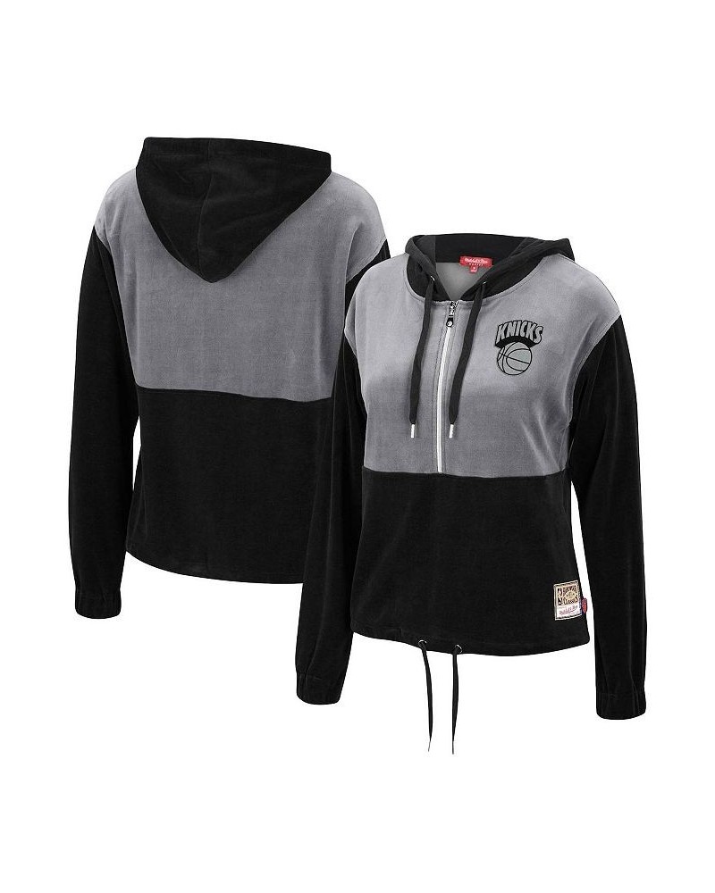 Women's Black Gray New York Knicks Hardwood Classics Velour Half-Zip Hoodie Black $45.60 Sweatshirts