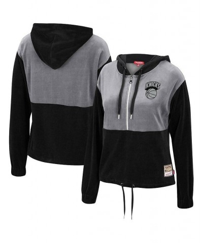 Women's Black Gray New York Knicks Hardwood Classics Velour Half-Zip Hoodie Black $45.60 Sweatshirts