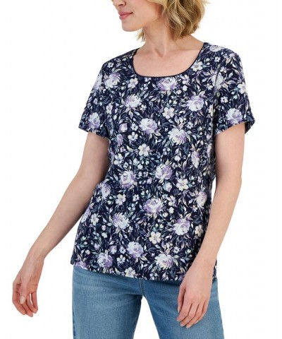 Women's Chloe Floral Scoop-Neck Short-Sleeve Top Blue $10.79 Tops