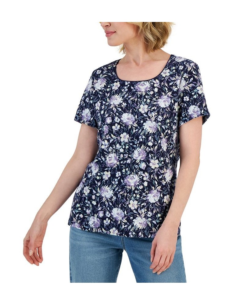 Women's Chloe Floral Scoop-Neck Short-Sleeve Top Blue $10.79 Tops