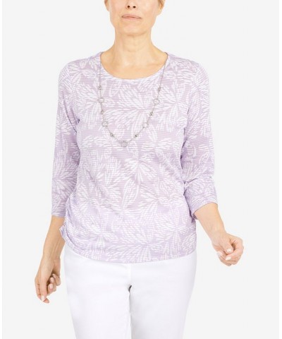 Women's Floral Jacquard Butterfly 3/4 Sleeve Top with Necklace Lilac $30.58 Tops