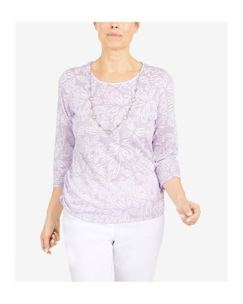 Women's Floral Jacquard Butterfly 3/4 Sleeve Top with Necklace Lilac $30.58 Tops