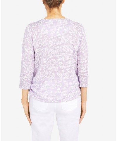 Women's Floral Jacquard Butterfly 3/4 Sleeve Top with Necklace Lilac $30.58 Tops