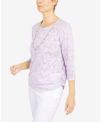 Women's Floral Jacquard Butterfly 3/4 Sleeve Top with Necklace Lilac $30.58 Tops