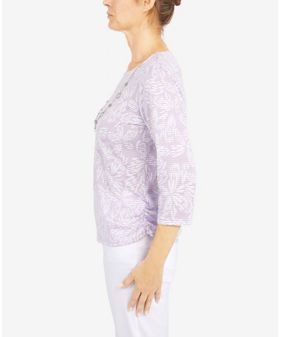 Women's Floral Jacquard Butterfly 3/4 Sleeve Top with Necklace Lilac $30.58 Tops