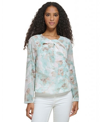 Women's Long Sleeve Printed Twist Neck Chiffon Blouse Pastel Multi $43.86 Tops