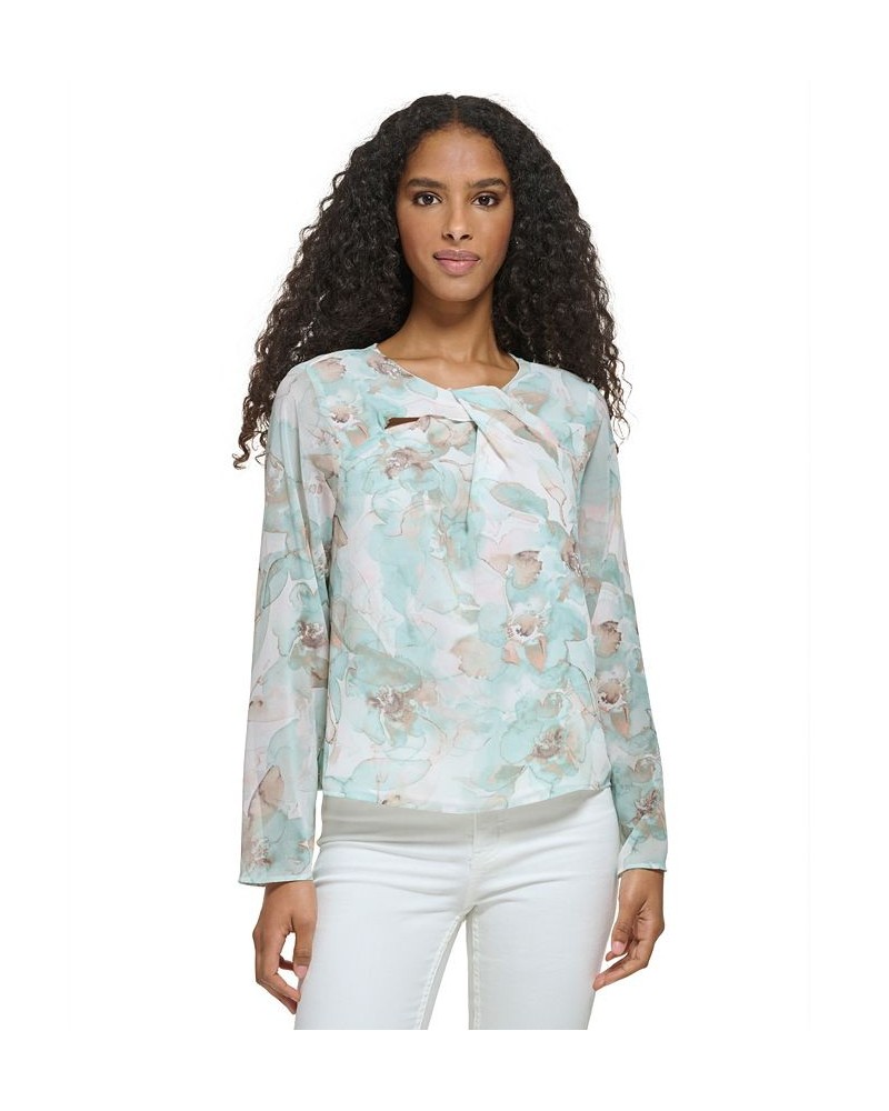 Women's Long Sleeve Printed Twist Neck Chiffon Blouse Pastel Multi $43.86 Tops