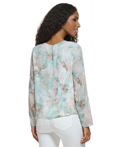 Women's Long Sleeve Printed Twist Neck Chiffon Blouse Pastel Multi $43.86 Tops