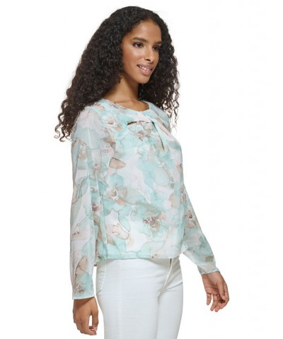 Women's Long Sleeve Printed Twist Neck Chiffon Blouse Pastel Multi $43.86 Tops