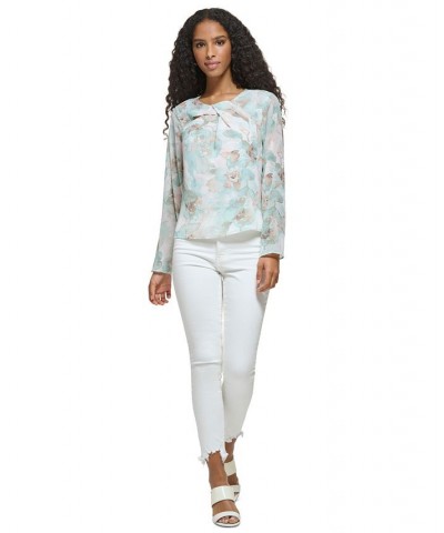 Women's Long Sleeve Printed Twist Neck Chiffon Blouse Pastel Multi $43.86 Tops