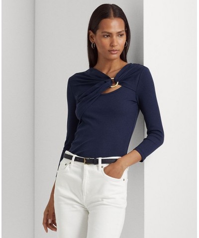 Women's Ring-Front Rib-Knit Top Blue $38.33 Tops