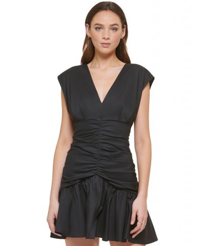 Women's V-Neck Empire-Waist Ruched Poplin Dress Black $53.64 Dresses