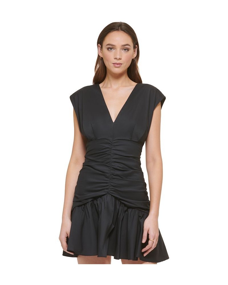 Women's V-Neck Empire-Waist Ruched Poplin Dress Black $53.64 Dresses