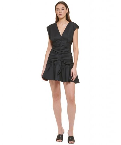 Women's V-Neck Empire-Waist Ruched Poplin Dress Black $53.64 Dresses