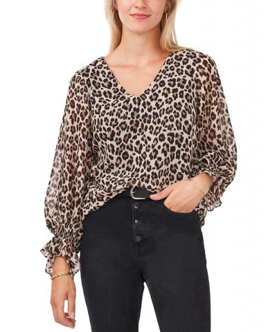 Leopard-Print Smocked-Cuff Top Rich Black $43.61 Tops