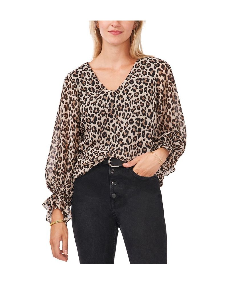 Leopard-Print Smocked-Cuff Top Rich Black $43.61 Tops