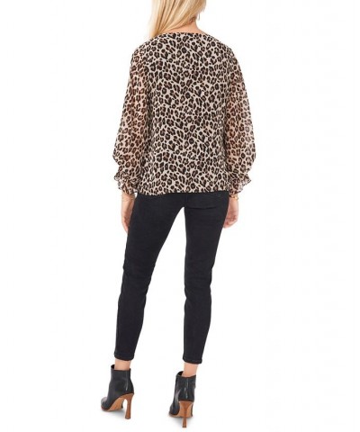 Leopard-Print Smocked-Cuff Top Rich Black $43.61 Tops