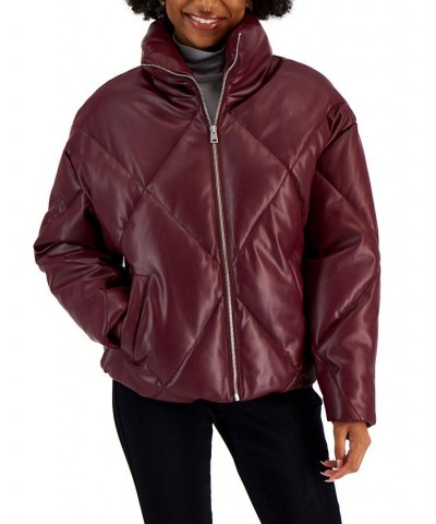 Juniors' Quilted Faux-Leather Puffer Coat Red $19.57 Coats