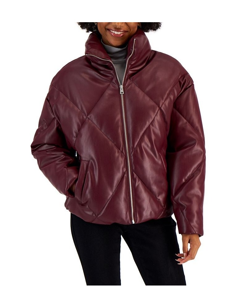 Juniors' Quilted Faux-Leather Puffer Coat Red $19.57 Coats