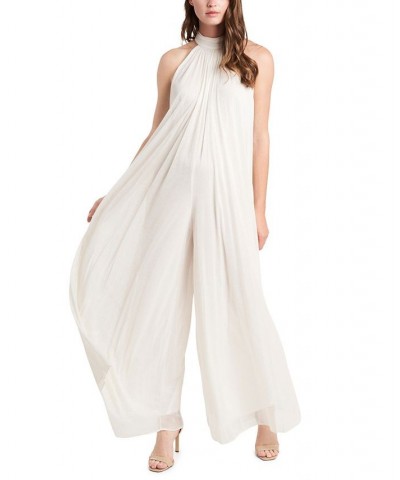 High-Neck Sparkle-Mesh Wide-Leg Jumpsuit Ivory/Gold $49.05 Pants