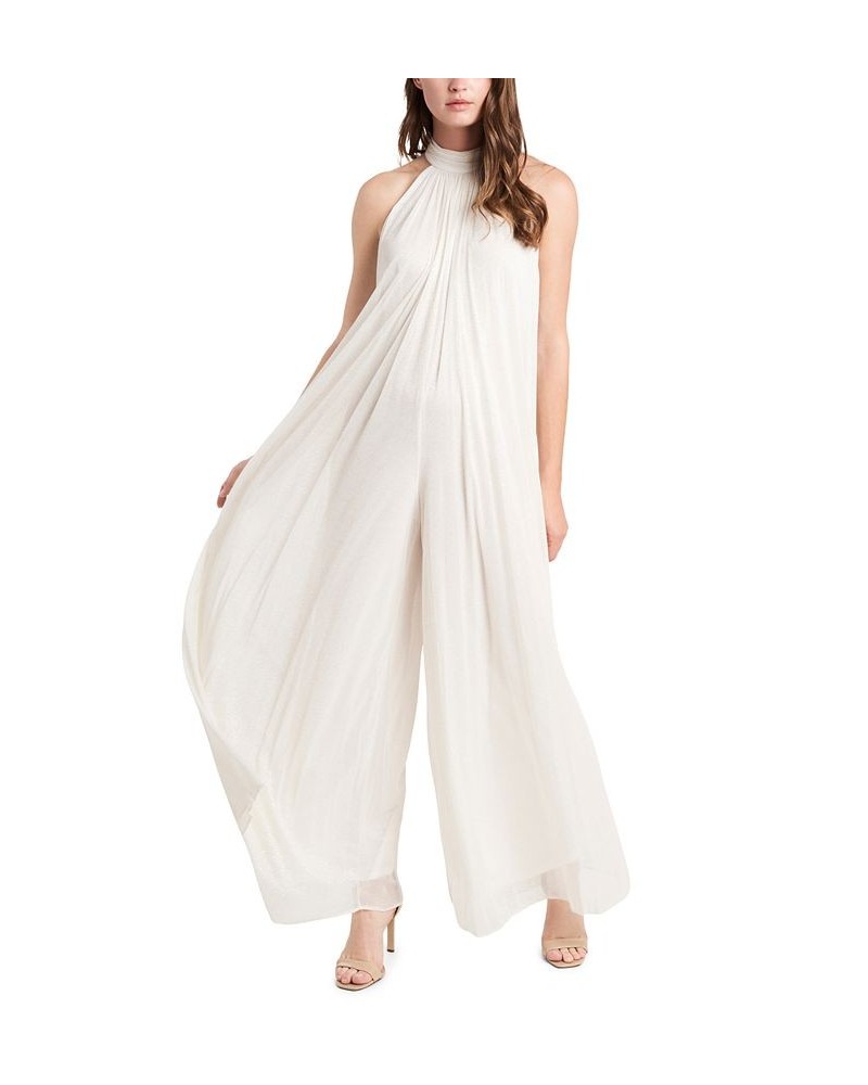 High-Neck Sparkle-Mesh Wide-Leg Jumpsuit Ivory/Gold $49.05 Pants