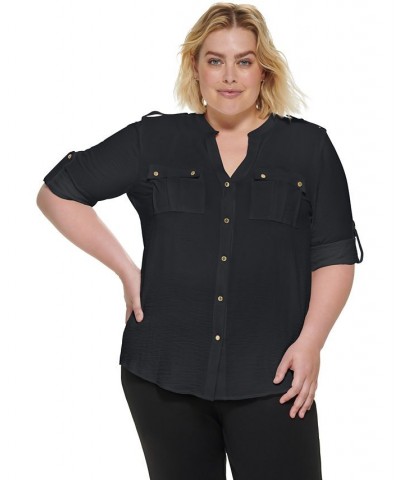 Plus Size Textured Roll Tab Button Down Shirt Black $28.74 Tops