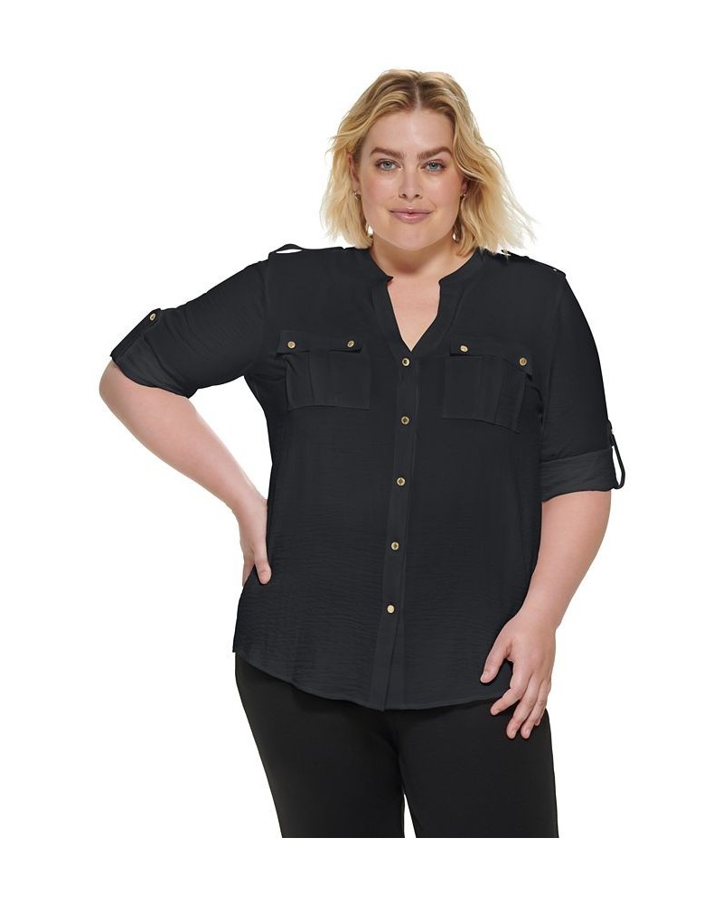 Plus Size Textured Roll Tab Button Down Shirt Black $28.74 Tops