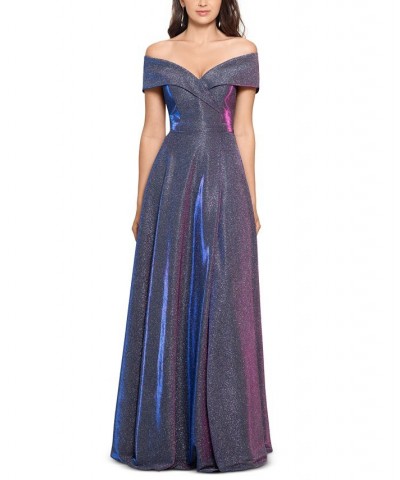 Women's Off-The-Shoulder Shimmer Wrap Style Gown Silver $118.40 Dresses