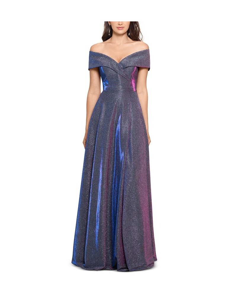 Women's Off-The-Shoulder Shimmer Wrap Style Gown Silver $118.40 Dresses