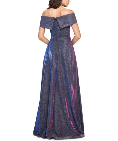 Women's Off-The-Shoulder Shimmer Wrap Style Gown Silver $118.40 Dresses