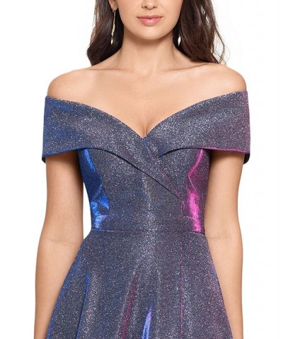 Women's Off-The-Shoulder Shimmer Wrap Style Gown Silver $118.40 Dresses