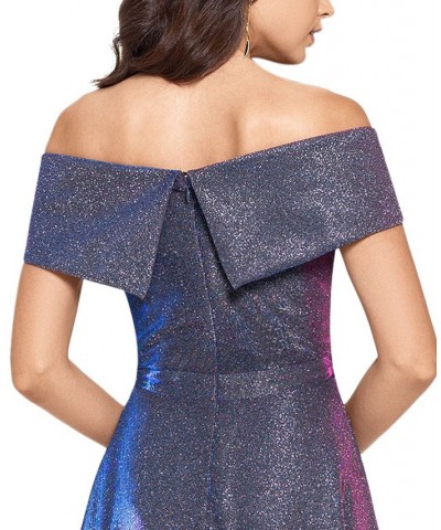 Women's Off-The-Shoulder Shimmer Wrap Style Gown Silver $118.40 Dresses