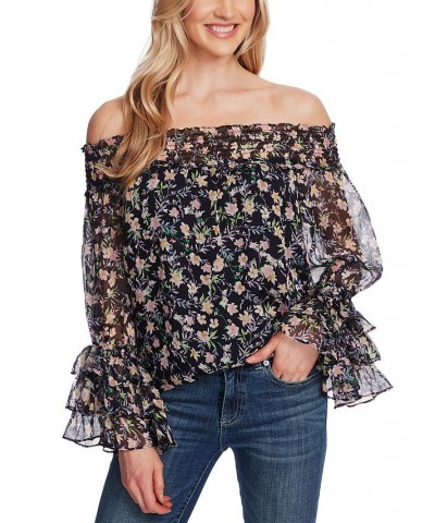 Women's Long Sleeve Smocked Off-The-Shoulder Top Black $29.75 Tops