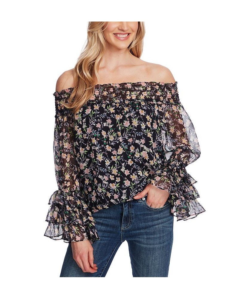 Women's Long Sleeve Smocked Off-The-Shoulder Top Black $29.75 Tops