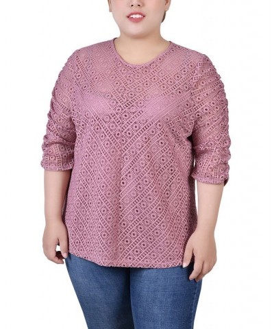 Plus Size Rouched Sleeve Lace Top Pink $13.52 Tops