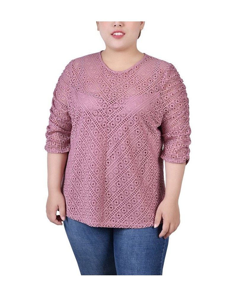 Plus Size Rouched Sleeve Lace Top Pink $13.52 Tops