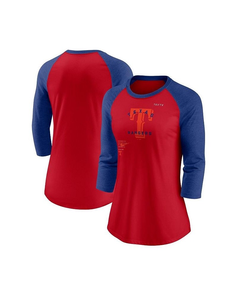 Women's Red Royal Texas Rangers Next Up Tri-Blend Raglan 3/4 -Sleeve T-shirt Red, Royal $26.95 Tops