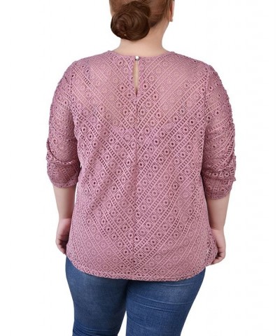 Plus Size Rouched Sleeve Lace Top Pink $13.52 Tops