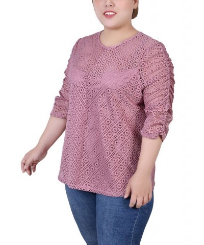 Plus Size Rouched Sleeve Lace Top Pink $13.52 Tops