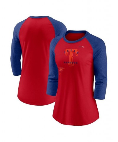 Women's Red Royal Texas Rangers Next Up Tri-Blend Raglan 3/4 -Sleeve T-shirt Red, Royal $26.95 Tops