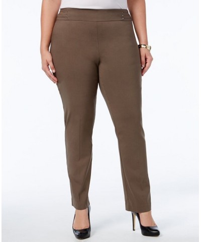 Plus Size Tummy Control Pull-On Slim-Leg Pants Brown Clay $16.22 Pants