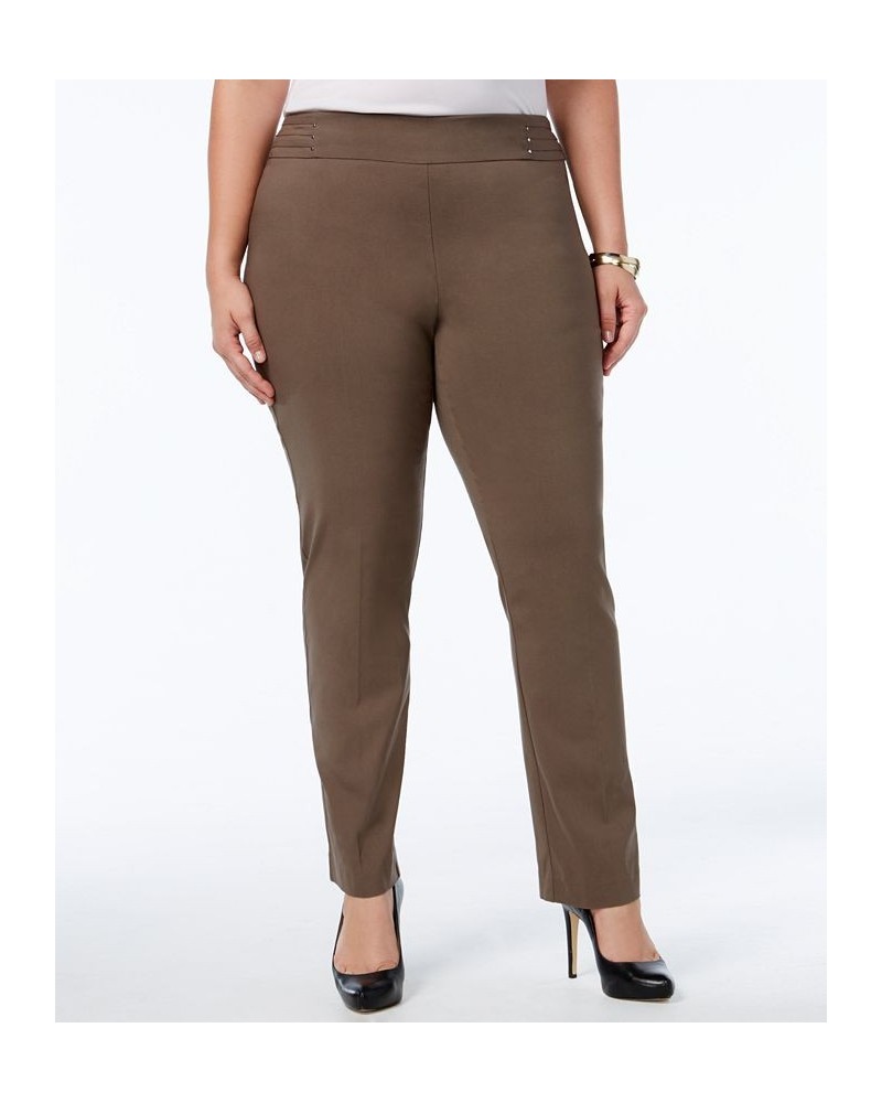 Plus Size Tummy Control Pull-On Slim-Leg Pants Brown Clay $16.22 Pants