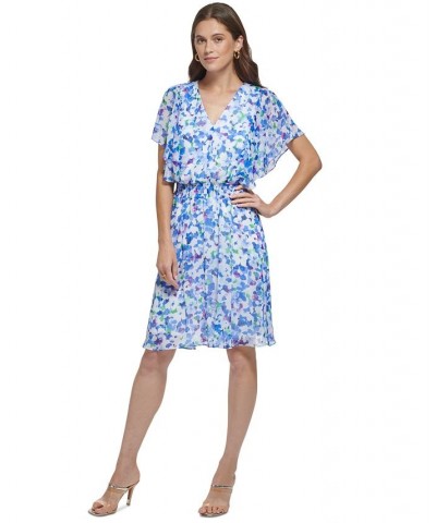 Women's Floral-Print V-Neck Flutter-Sleeve Dress Blue $53.28 Dresses