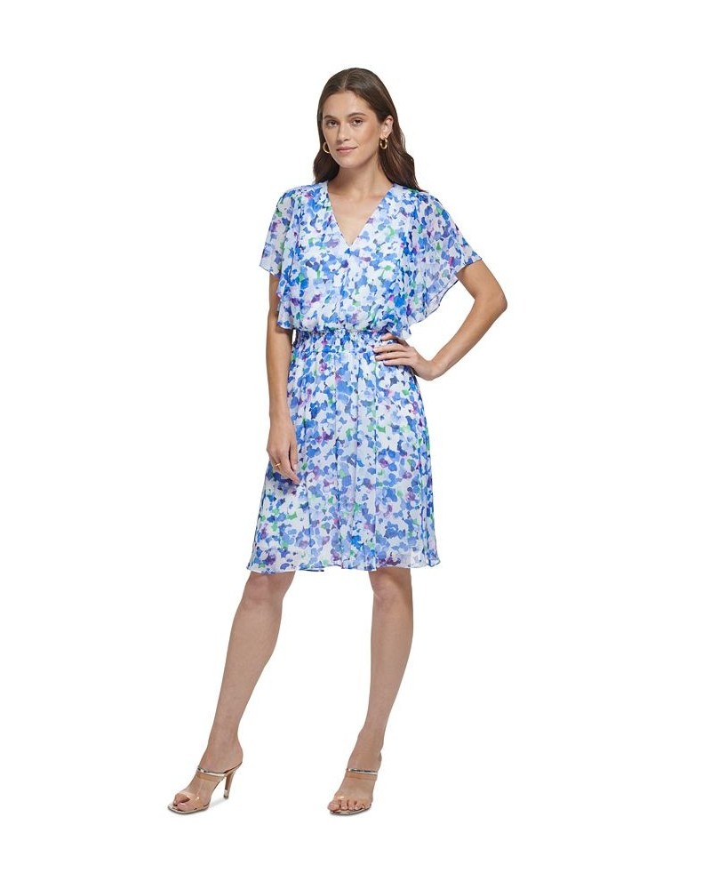 Women's Floral-Print V-Neck Flutter-Sleeve Dress Blue $53.28 Dresses