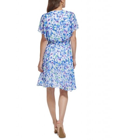 Women's Floral-Print V-Neck Flutter-Sleeve Dress Blue $53.28 Dresses