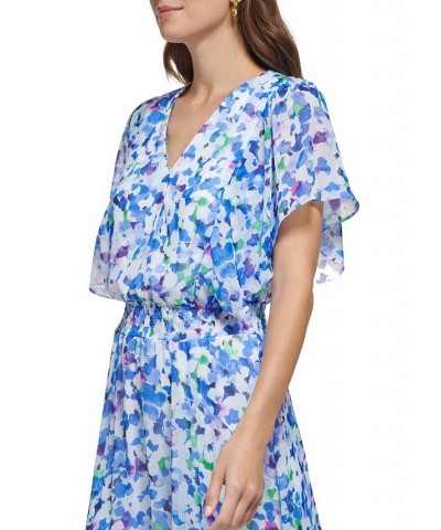 Women's Floral-Print V-Neck Flutter-Sleeve Dress Blue $53.28 Dresses