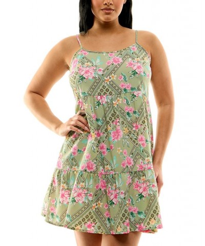 Juniors' Tiered Floral-Print Textured Woven Babydoll Dress Green $9.84 Dresses