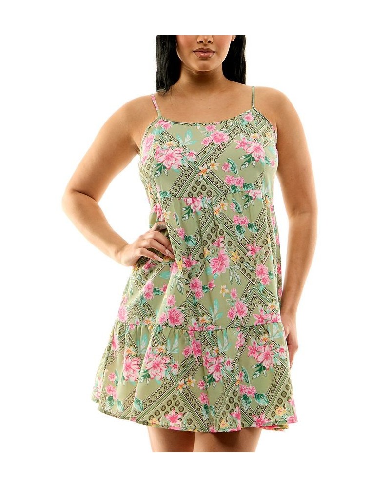 Juniors' Tiered Floral-Print Textured Woven Babydoll Dress Green $9.84 Dresses